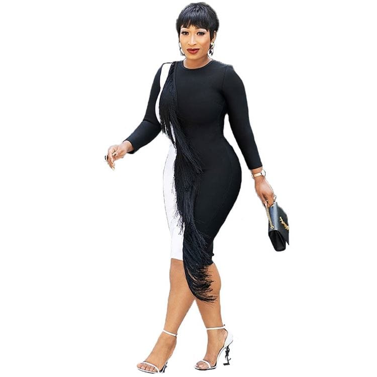 9S03943 popular white black contrasting color spliced tassel 2019 New Arrival Lady Dress Woman
