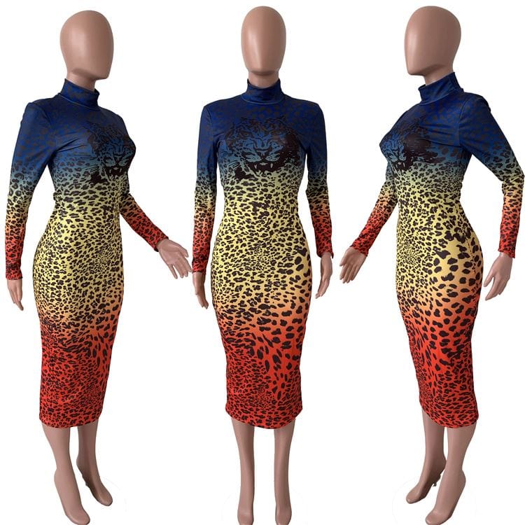 9S04005 trendy colorful gradient leopard print bodycon Print New Woman Fashion Dress