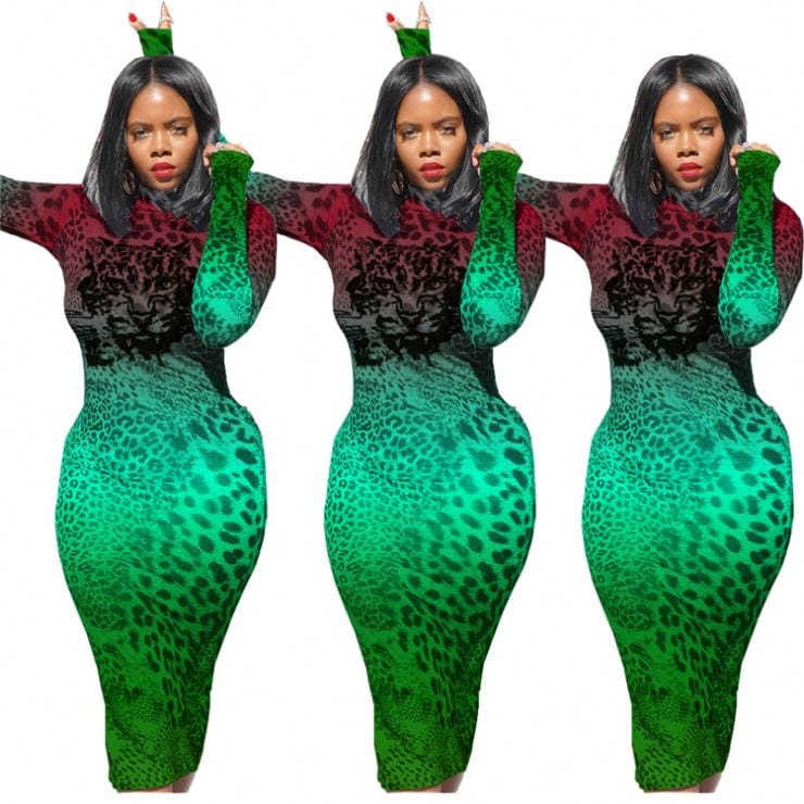 9S04005 trendy colorful gradient leopard print bodycon Print New Woman Fashion Dress
