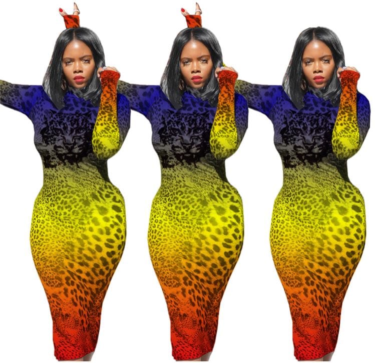 9S04005 trendy colorful gradient leopard print bodycon Print New Woman Fashion Dress
