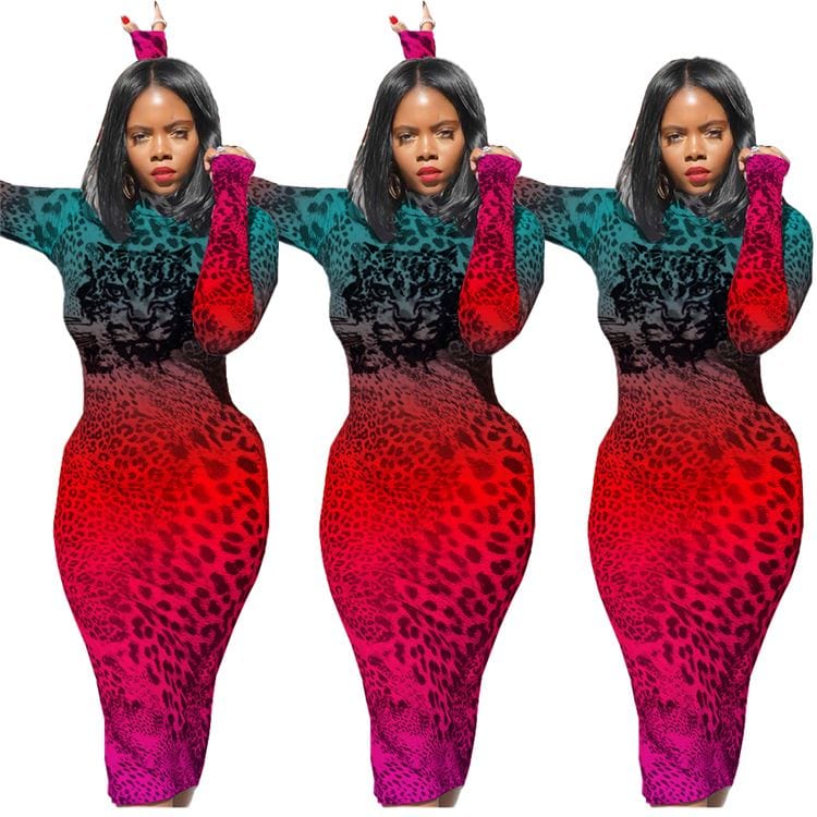 9S04005 trendy colorful gradient leopard print bodycon Print New Woman Fashion Dress