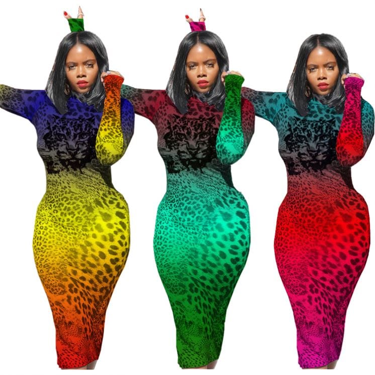 9S04005 trendy colorful gradient leopard print bodycon Print New Woman Fashion Dress
