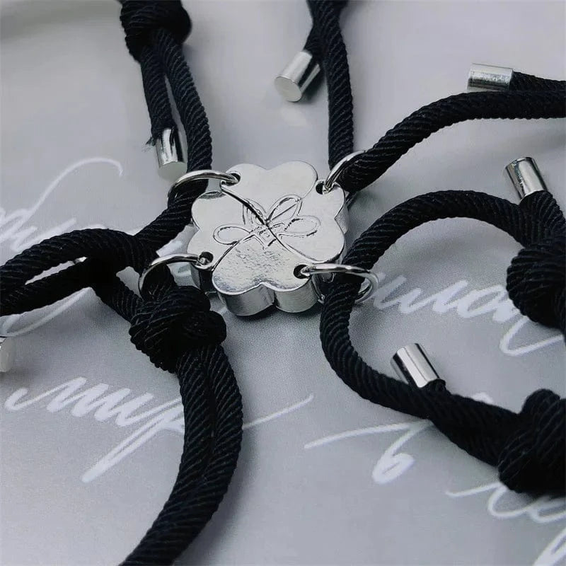 A set of 4 black LWB60287 Good friends and family 4 people love magnet attracting bracelet four-leaf clover creative woven bracelet