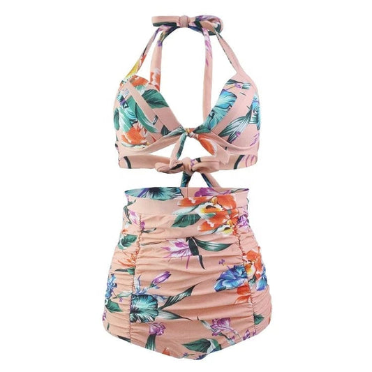 A18019 Plus size two piece swimwear hanging neck front bow swimwear women high waist  digital prints Vintage Swimsuits