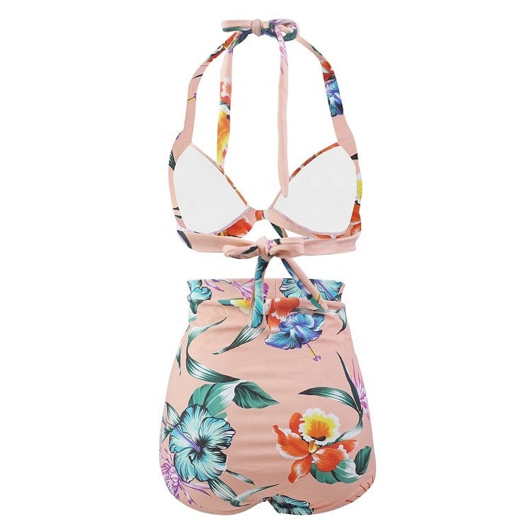 A18019 Plus size two piece swimwear hanging neck front bow swimwear women high waist  digital prints Vintage Swimsuits