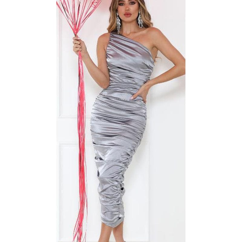 A2876 Light Grey French Sexy Satin String Draw Fashion Midi Dress
