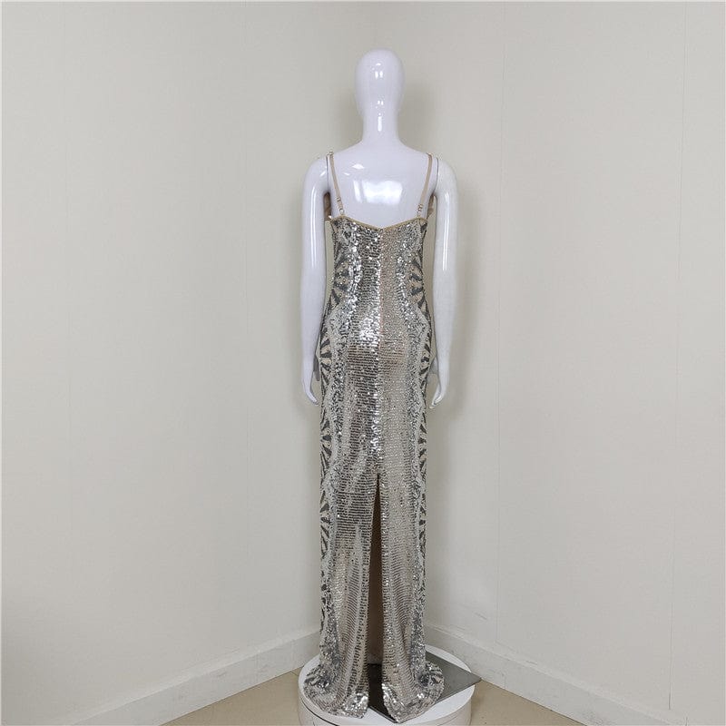 A4082 Luxury Halter Sequins Beading Mesh Women Long Bodycon Dress
