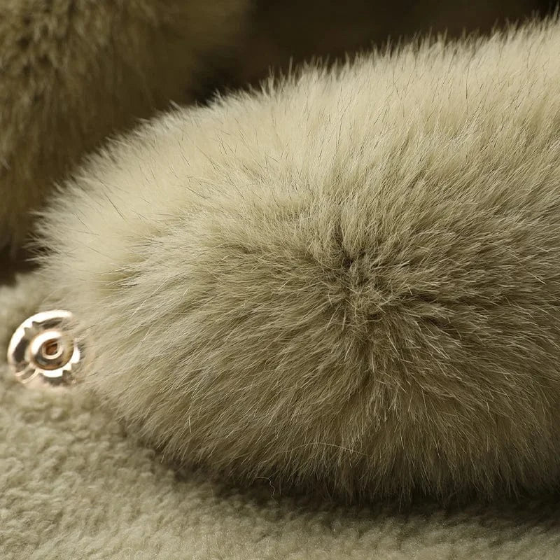 A50055 Pudi women real wool fur coat jacket trench with fox fur collar winter warm female sheep shearing over size parkar coats
