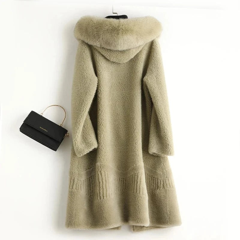 A50055 Pudi women real wool fur coat jacket trench with fox fur collar winter warm female sheep shearing over size parkar coats