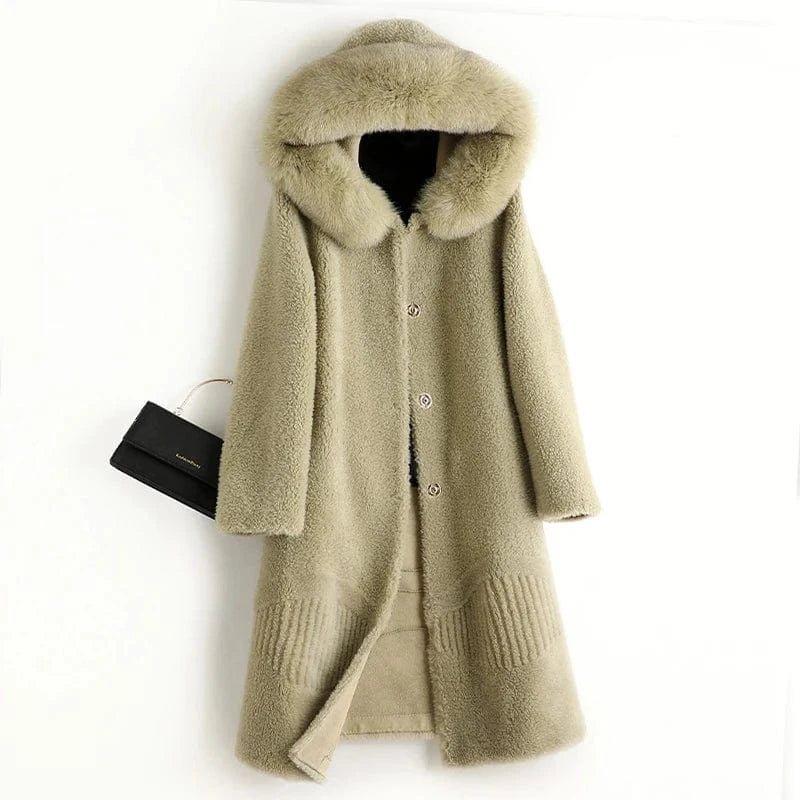 A50055 Pudi women real wool fur coat jacket trench with fox fur collar winter warm female sheep shearing over size parkar coats