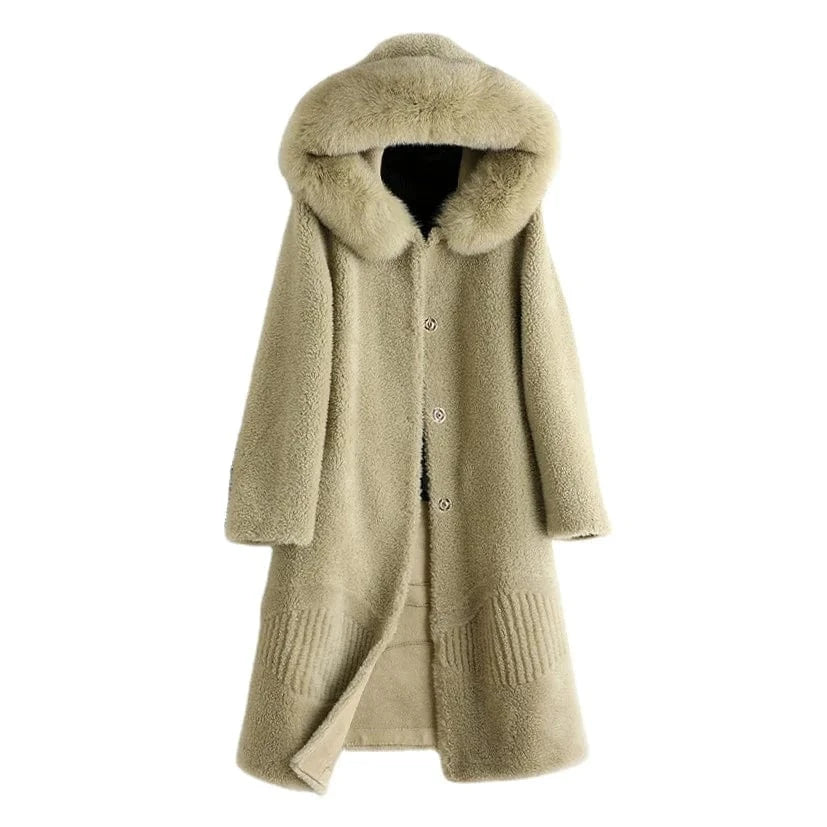 A50055 Pudi women real wool fur coat jacket trench with fox fur collar winter warm female sheep shearing over size parkar coats