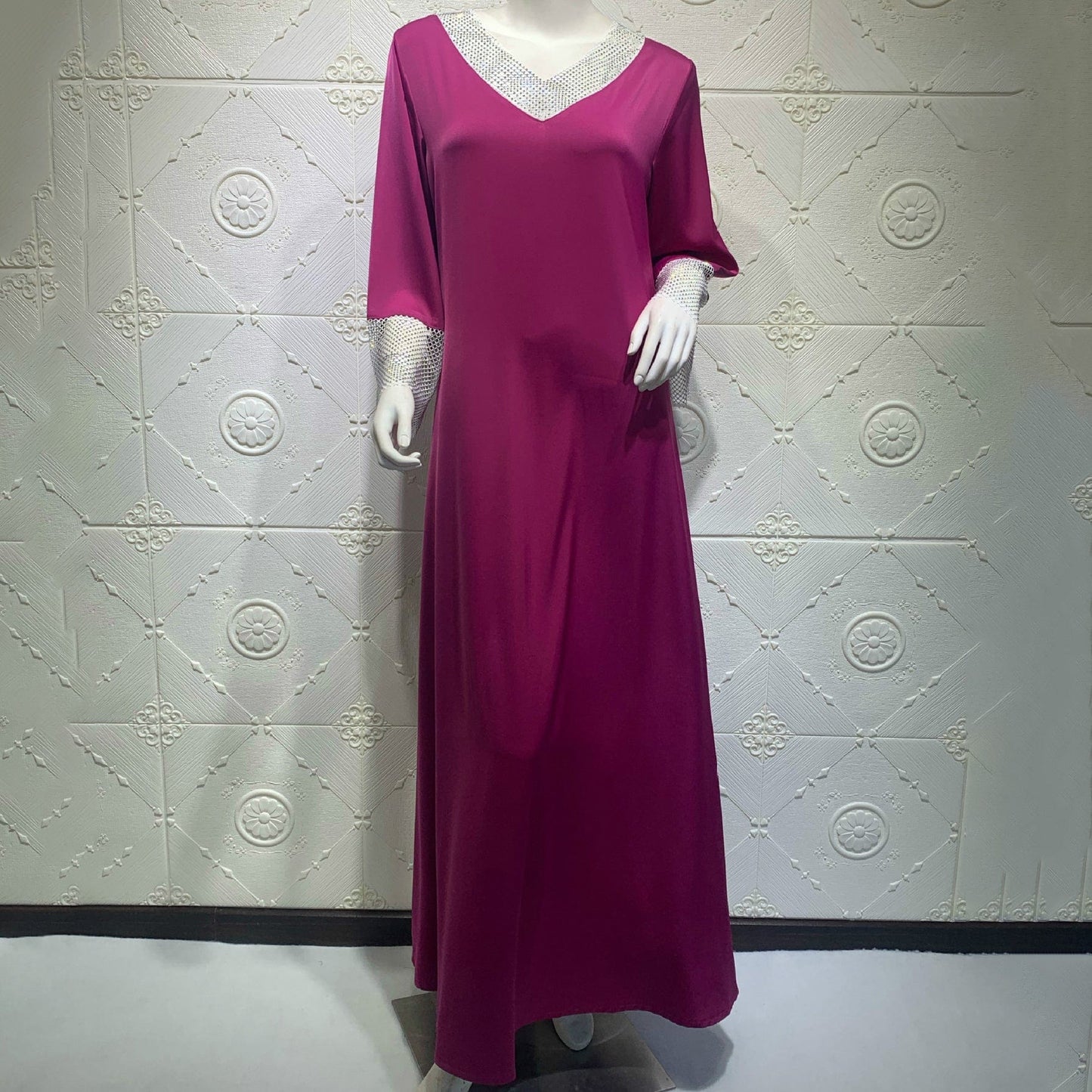 AB032 Middle Eastern Satin Bead Full Set Diamond Mesh Muslim Women Long Dress