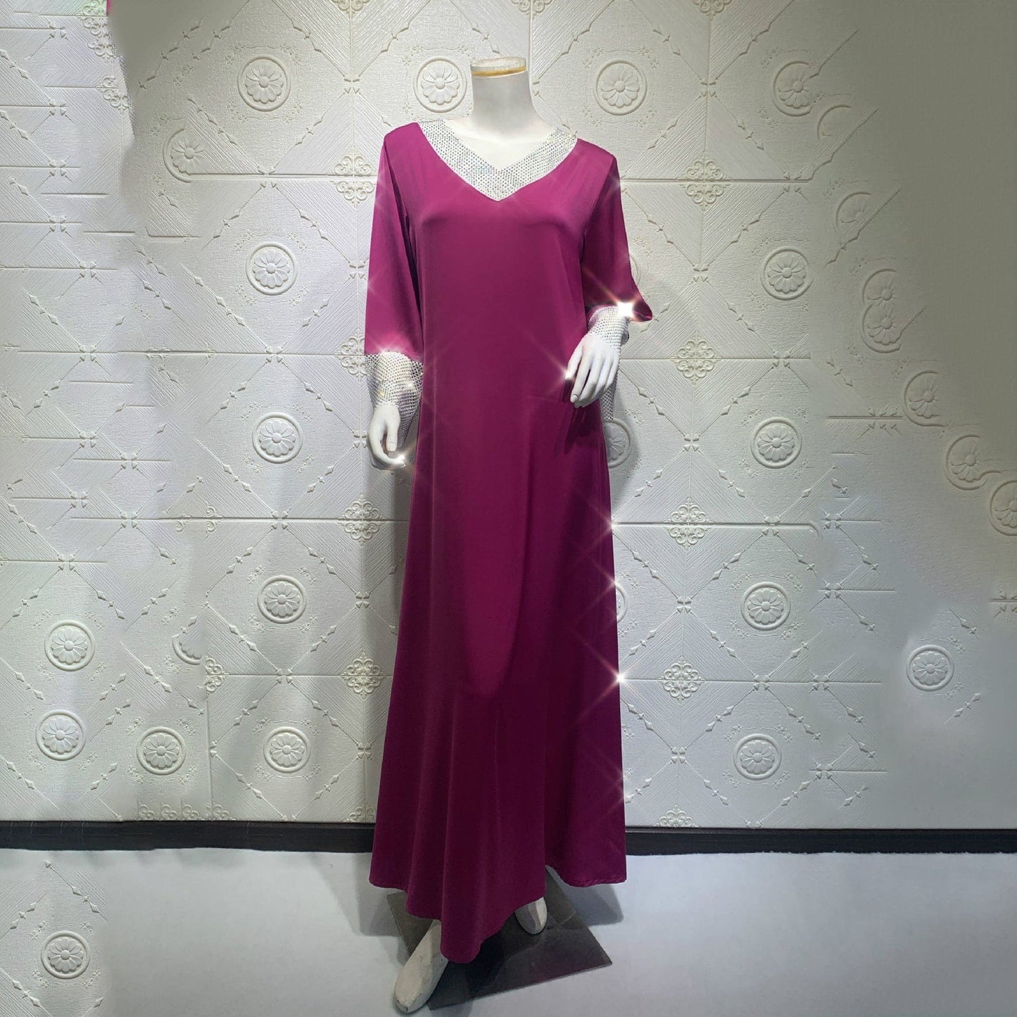 AB032 Middle Eastern Satin Bead Full Set Diamond Mesh Muslim Women Long Dress