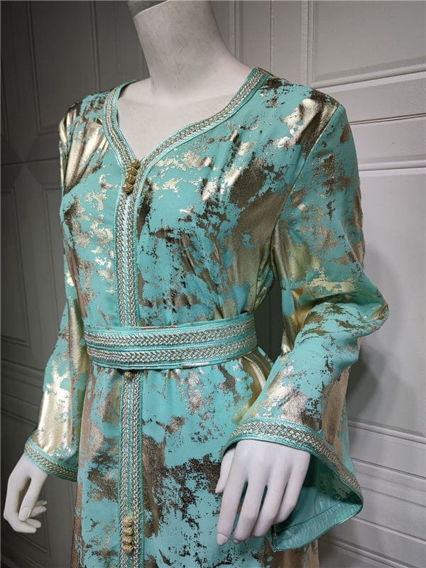 Abaya Hotstamping New Woman Gold Blocking Printed Ladies Long Sleeves Elegant Robes Women Luxury Abaya With Belt