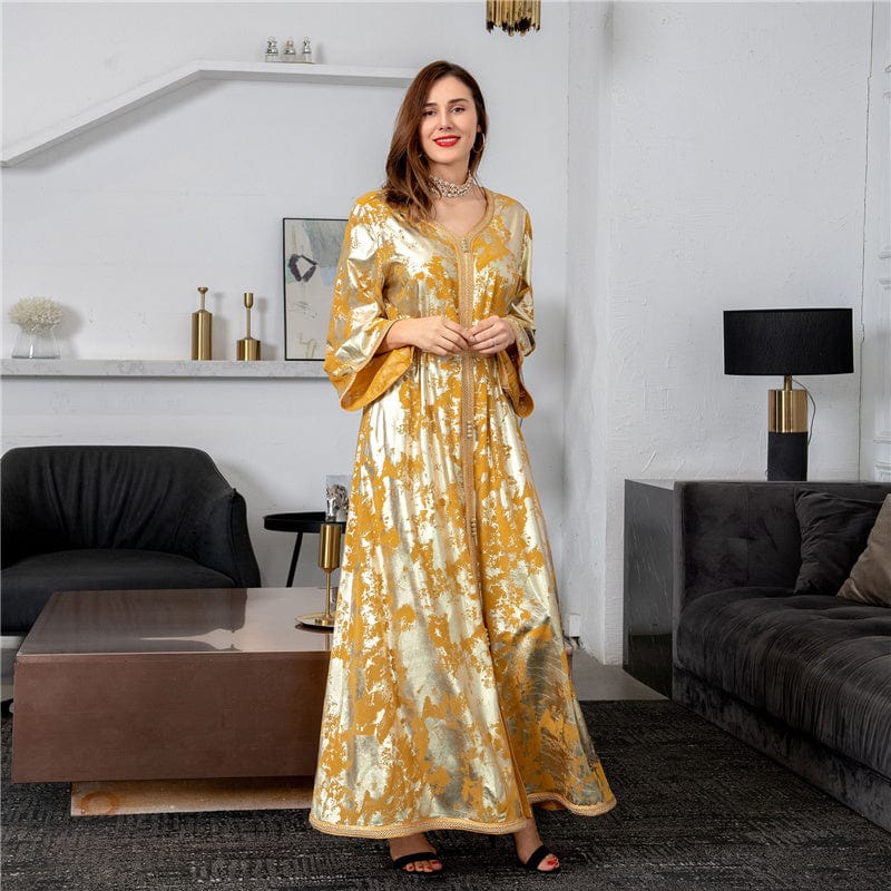 Abaya Hotstamping New Woman Gold Blocking Printed Ladies Long Sleeves Elegant Robes Women Luxury Abaya With Belt