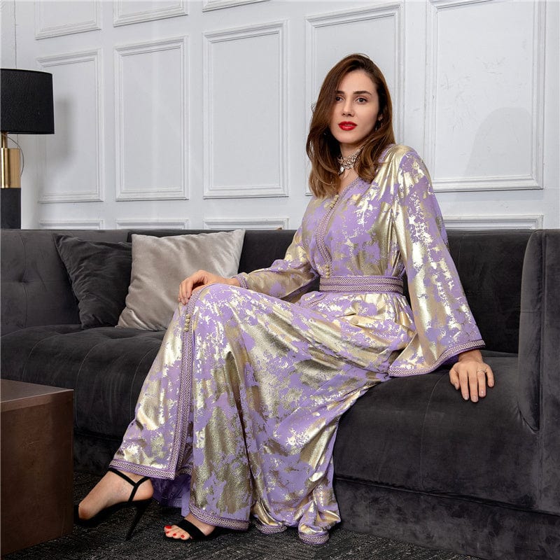 Abaya Hotstamping New Woman Gold Blocking Printed Ladies Long Sleeves Elegant Robes Women Luxury Abaya With Belt