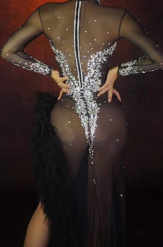 AD1134 Long Sleeve Luxury Beaded Shiny Sequins Dress Hand Embroidery Feather Gowns For Women Evening Dresses