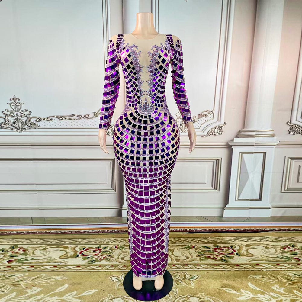AD1465 Kimshein Handmade Crystal Women Purple Mesh Fabric Transparent Big Sequin Rhinestone Gala Performance Dresses Evening