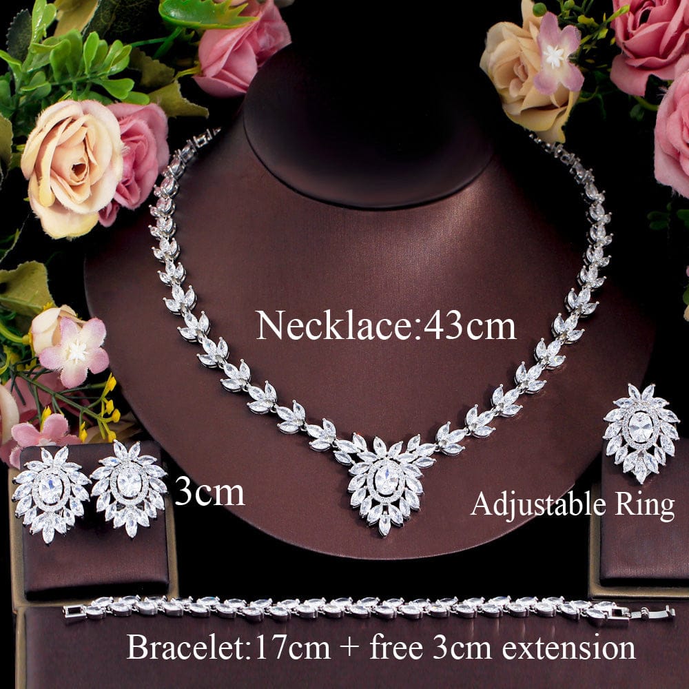 Adjustable Size / T0872 4pcs Bright White African Nigerian CZ Cubic Zirconia Flower Leaf Necklace Earrings Jewelry Sets for Wedding Bridal Party Wear