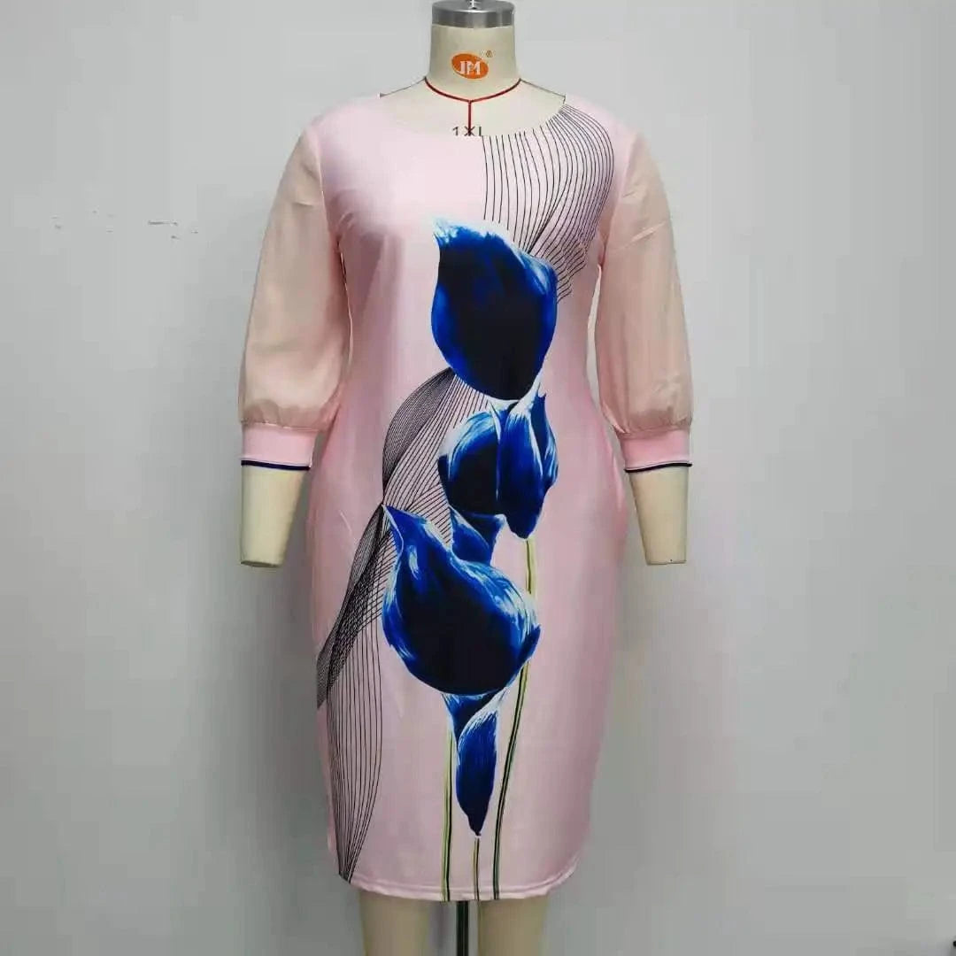 Africa Women Plus Size Dresses O-neck Three Quarter Sleeve Floral Printed New Fashion Clothes Lady Pencil Midi Dress