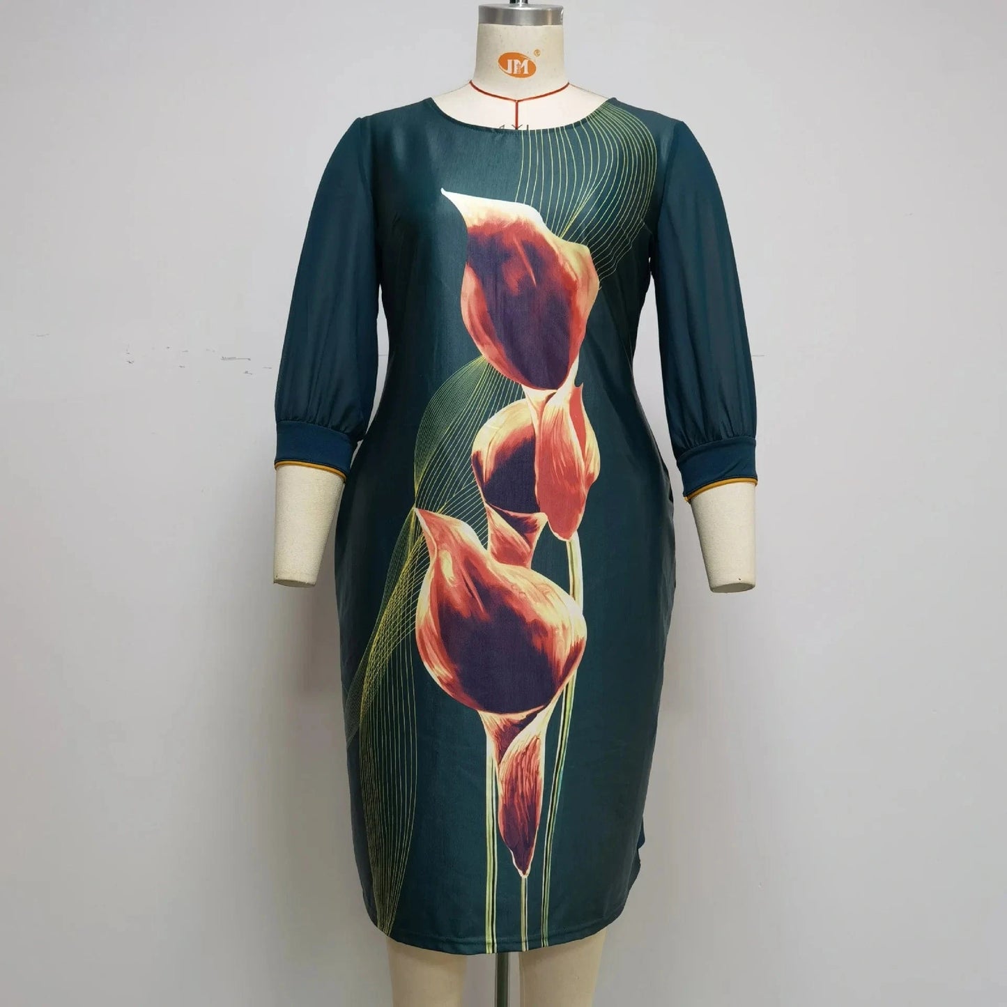 Africa Women Plus Size Dresses O-neck Three Quarter Sleeve Floral Printed New Fashion Clothes Lady Pencil Midi Dress