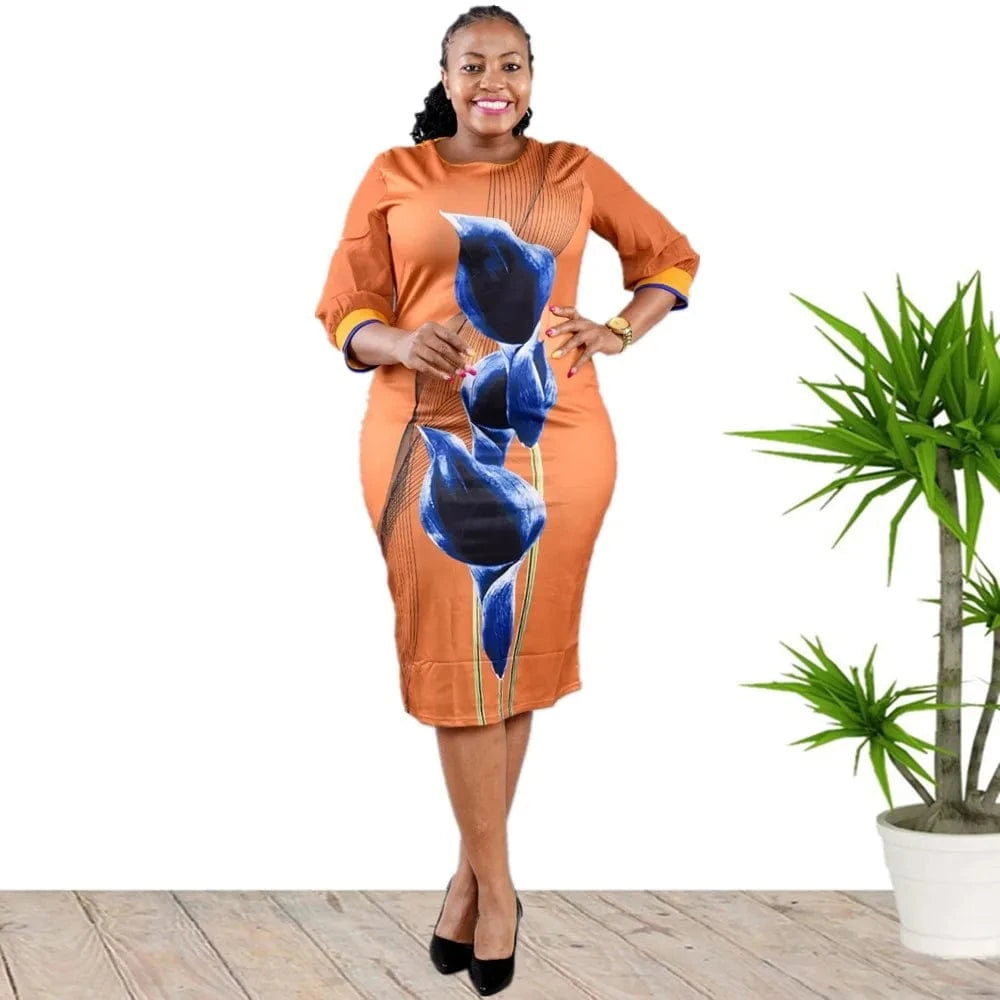Africa Women Plus Size Dresses O-neck Three Quarter Sleeve Floral Printed New Fashion Clothes Lady Pencil Midi Dress