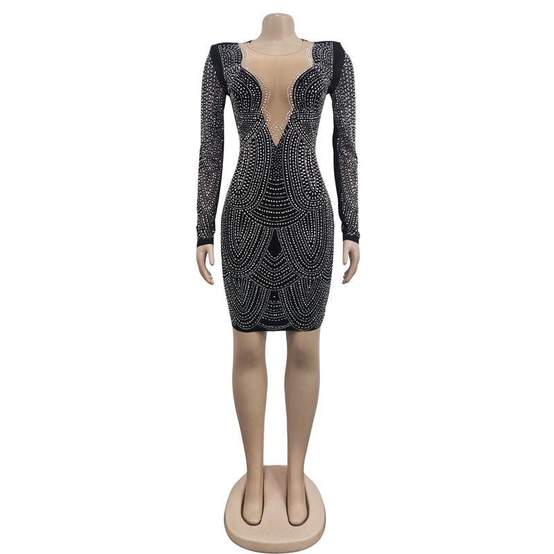 african casual sexy v neck sparkle sew on rhinestone crystal heavy beaded long sleeve wedding mini evening dress with bead