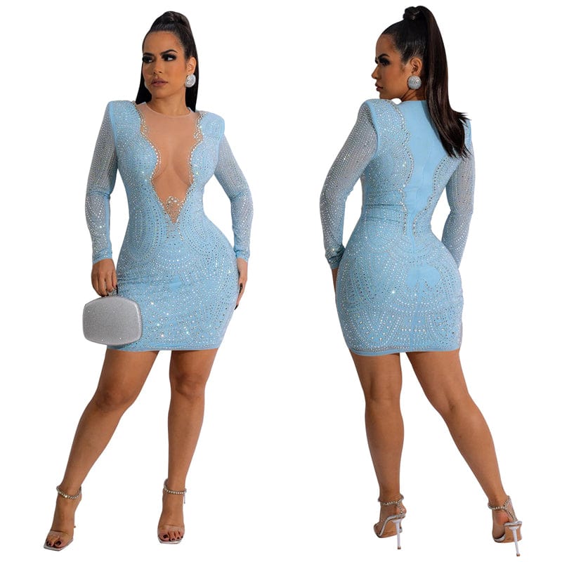 african casual sexy v neck sparkle sew on rhinestone crystal heavy beaded long sleeve wedding mini evening dress with bead