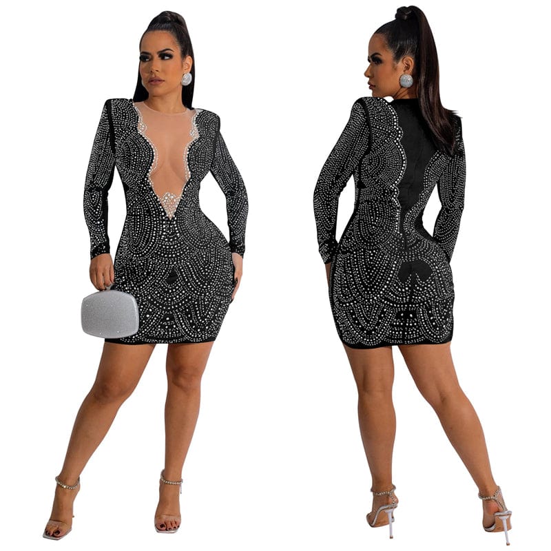 african casual sexy v neck sparkle sew on rhinestone crystal heavy beaded long sleeve wedding mini evening dress with bead