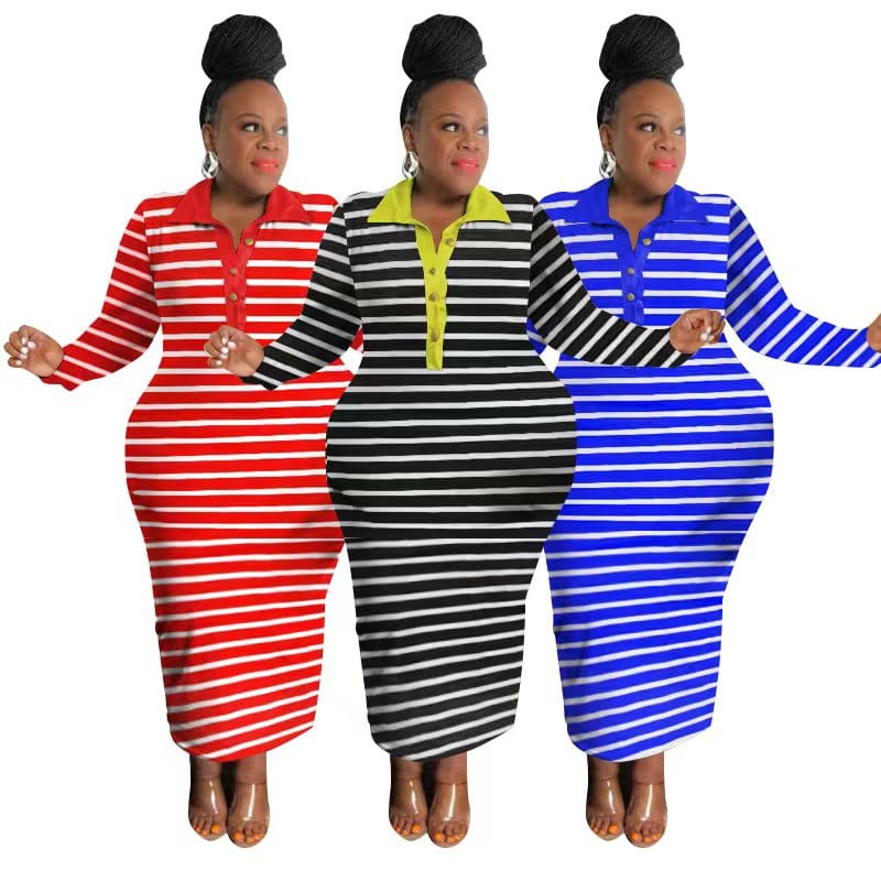 African Women Plus Size Striped Long Dress Evening Bodycon Cocktail Prom Gown Party