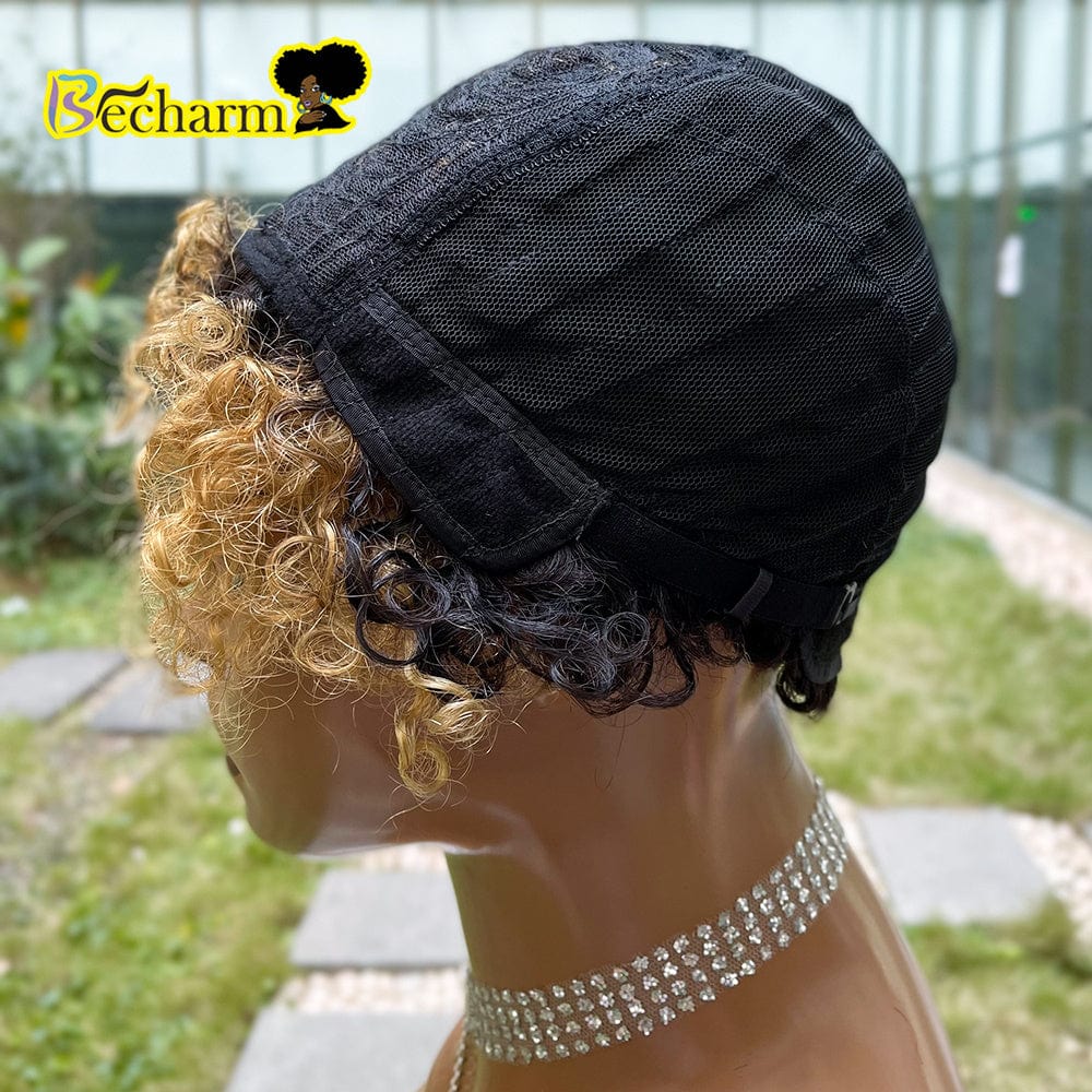 Afro Kinky Curly Wig Brazilian Remy Human Hair Short Bob Wig For Black Women Natural Color Ombre Brown Machine Made Wig