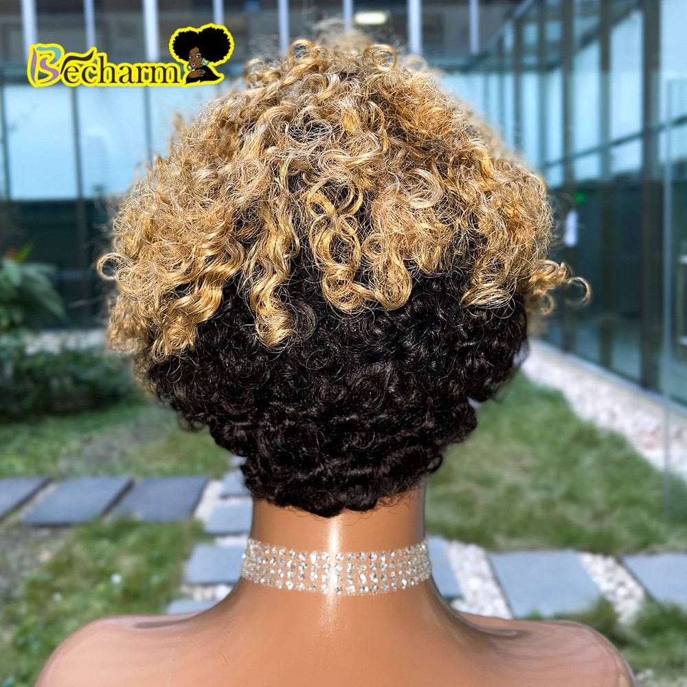 Afro Kinky Curly Wig Brazilian Remy Human Hair Short Bob Wig For Black Women Natural Color Ombre Brown Machine Made Wig