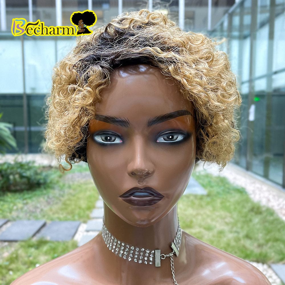 Afro Kinky Curly Wig Brazilian Remy Human Hair Short Bob Wig For Black Women Natural Color Ombre Brown Machine Made Wig
