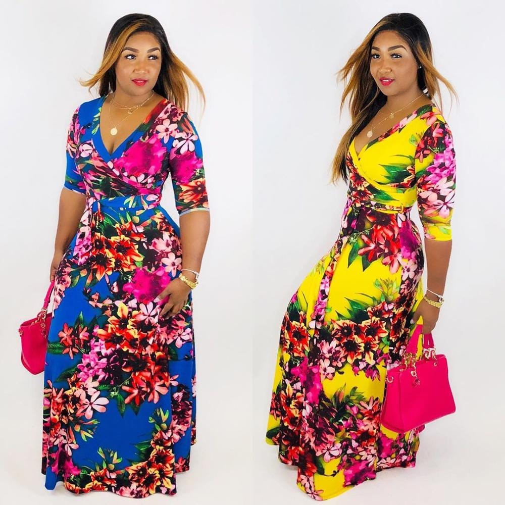 Amazon Hot Sale Casual Deep V-neck Print Flower Maxi Dress Plus Size Long Sleeve Prom Fashion Dress