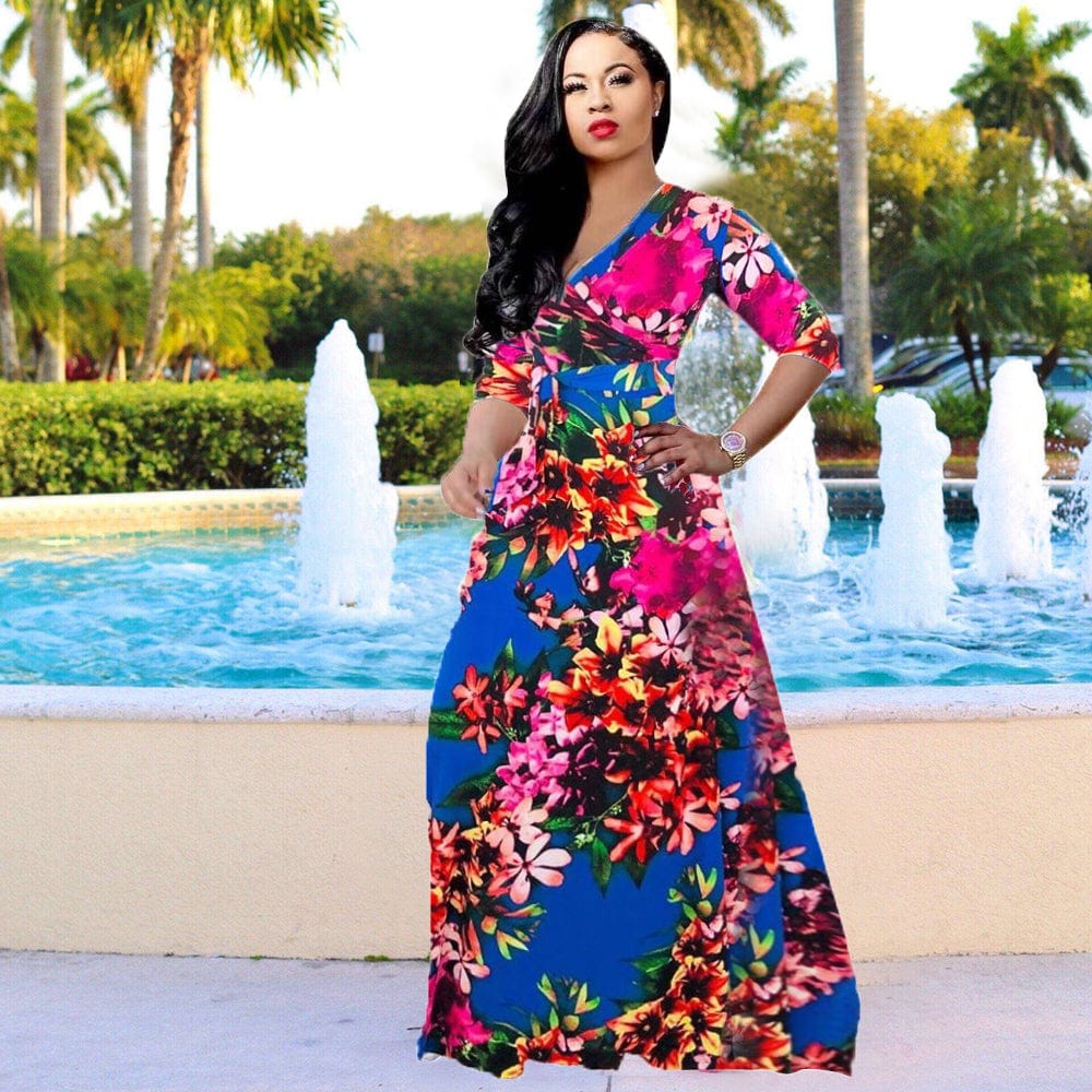 Amazon Hot Sale Casual Deep V-neck Print Flower Maxi Dress Plus Size Long Sleeve Prom Fashion Dress