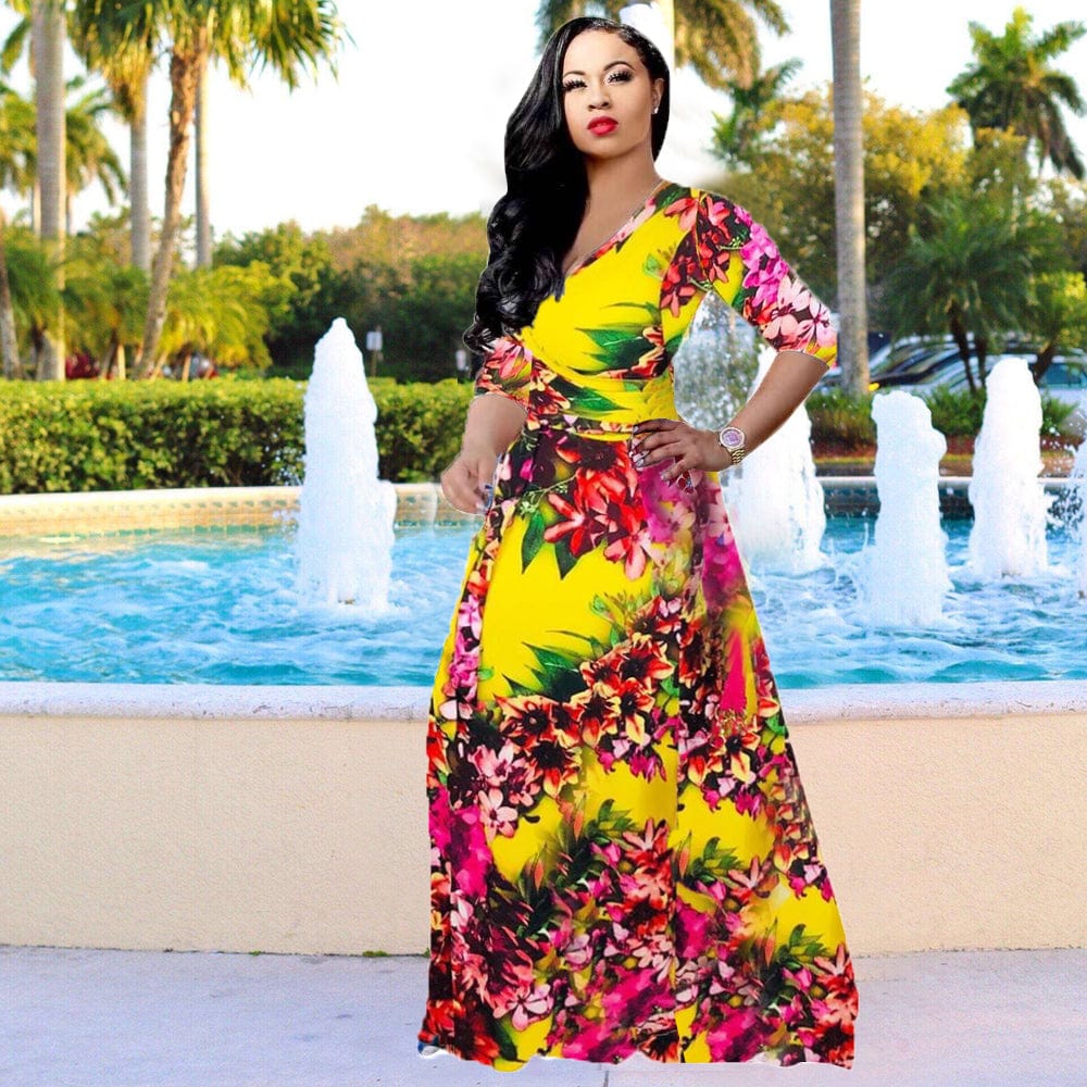 Amazon Hot Sale Casual Deep V-neck Print Flower Maxi Dress Plus Size Long Sleeve Prom Fashion Dress