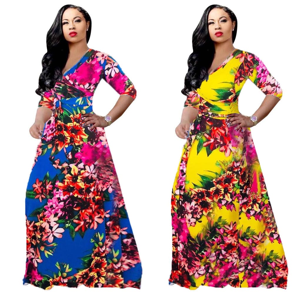 Amazon Hot Sale Casual Deep V-neck Print Flower Maxi Dress Plus Size Long Sleeve Prom Fashion Dress