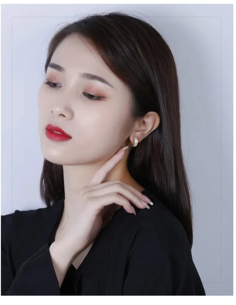 American European fine jewelry 925 sterling silver earring thick wide surface zircon gold plated hoop earrings women