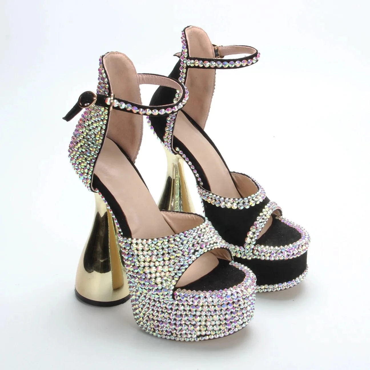 Anmairon Hot Sale One Pair Available New Design Peep Toe Diamonds Bling Bling Bowling Heel Women High Heel Sandals