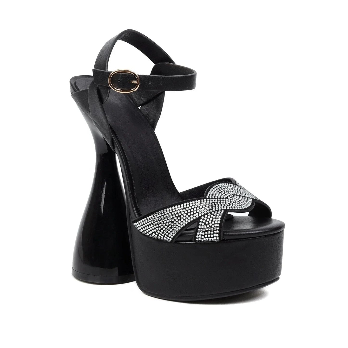 Anmairon On Sale Low Price Peep Toe Bowling Heel Shiny Rhinestones Women Platform Sandals
