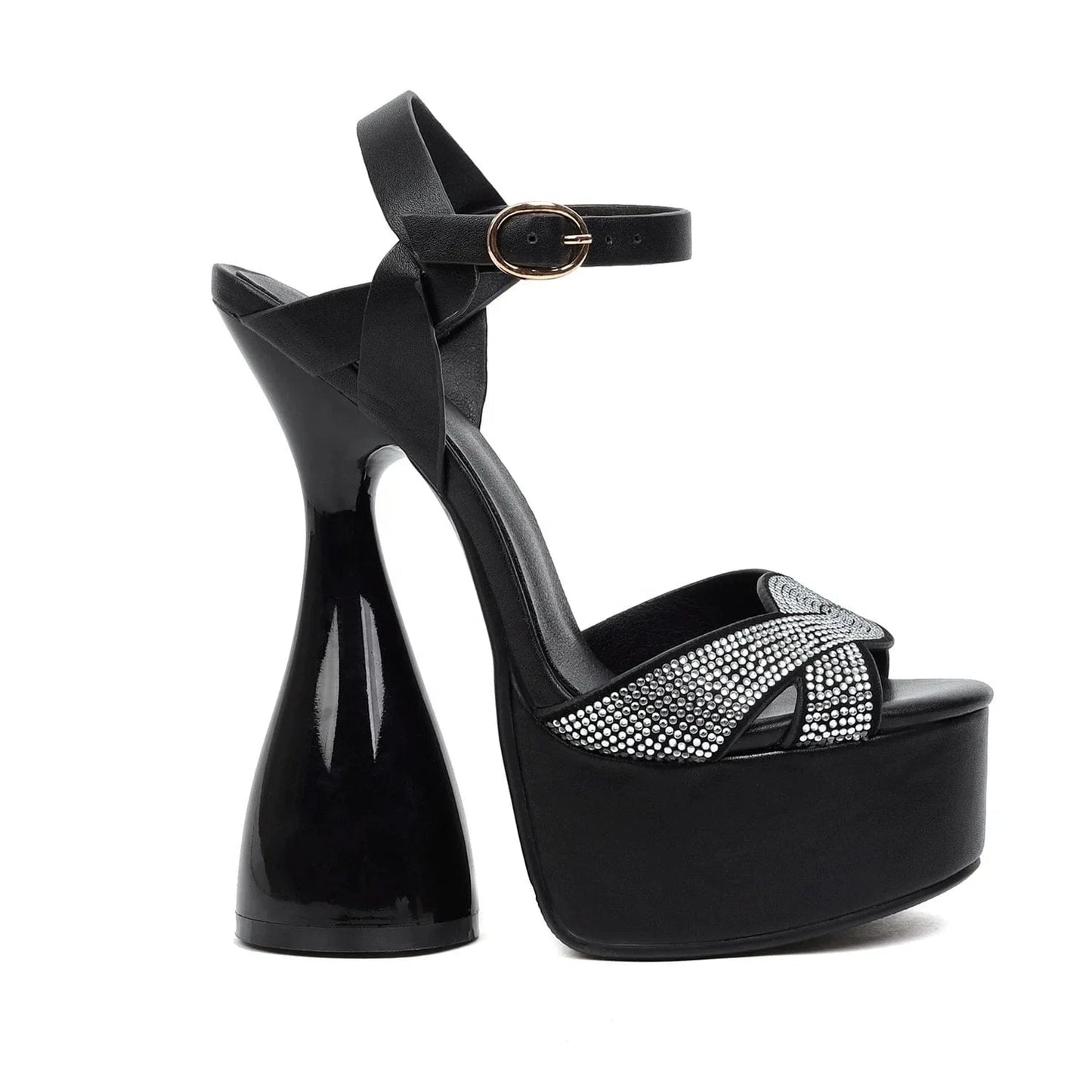 Anmairon On Sale Low Price Peep Toe Bowling Heel Shiny Rhinestones Women Platform Sandals