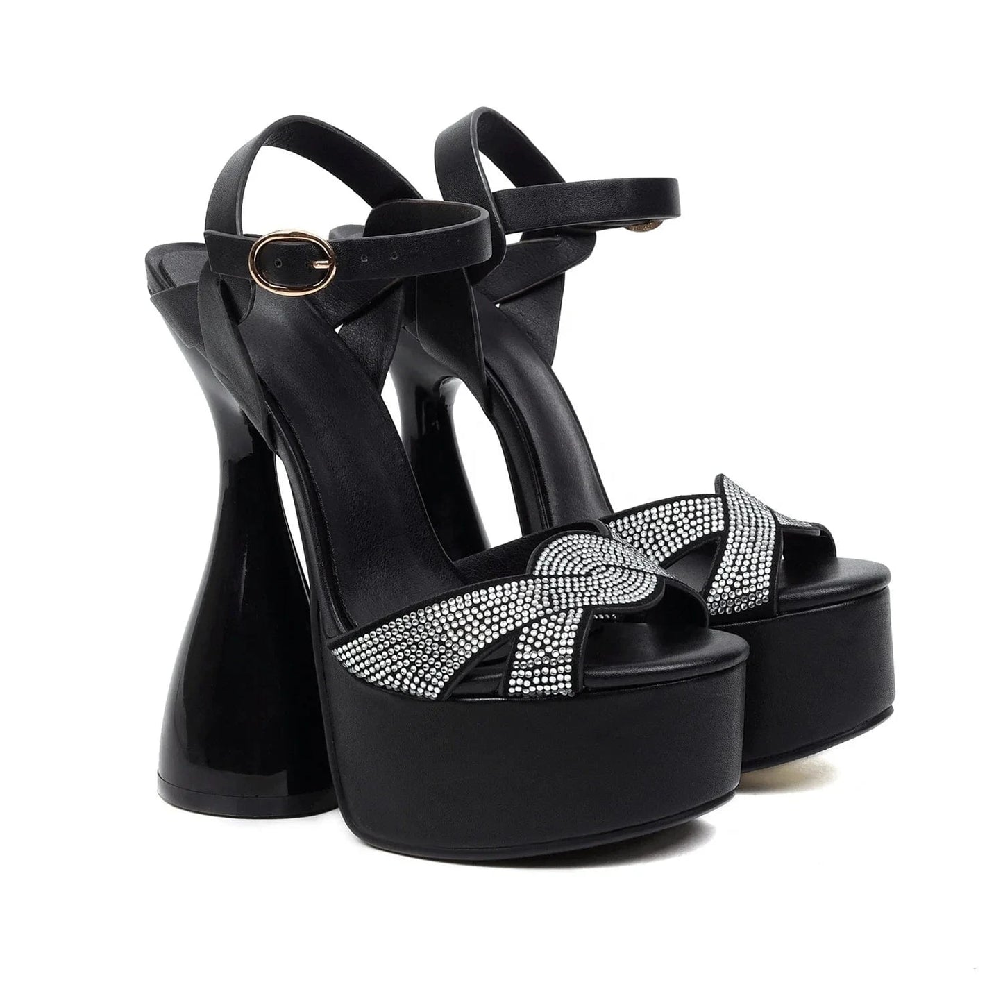 Anmairon On Sale Low Price Peep Toe Bowling Heel Shiny Rhinestones Women Platform Sandals
