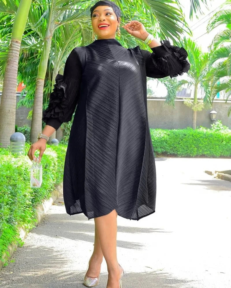 AOMEI Women's Fall Stand Collar Loose Flowy Long Sleeve Plus Size Casual Dress