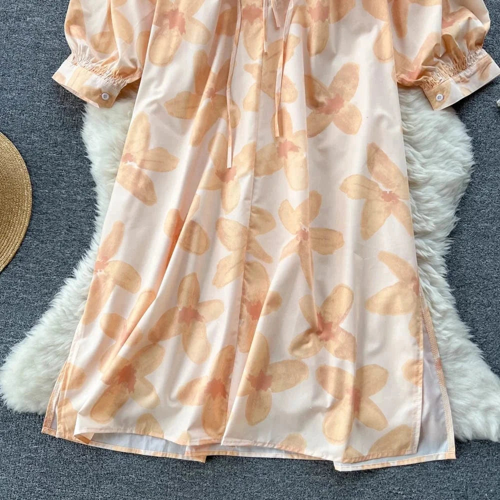 Apparel Dresses Womens Fashion Summer V Neck Long Sleeve Flowers Printed Dress Slim Long Dress