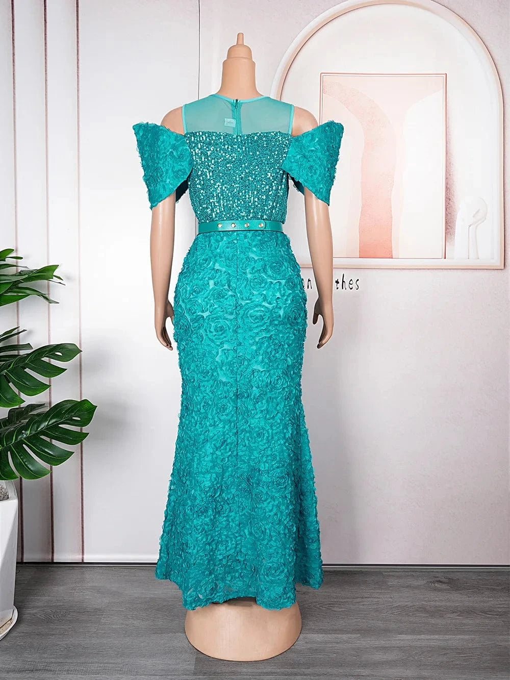 Applique Belt Fishtail Mesh Patchwork Sequins Bead Women Evening Dress