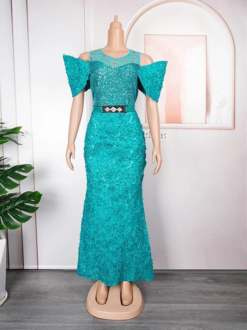 Applique Belt Fishtail Mesh Patchwork Sequins Bead Women Evening Dress