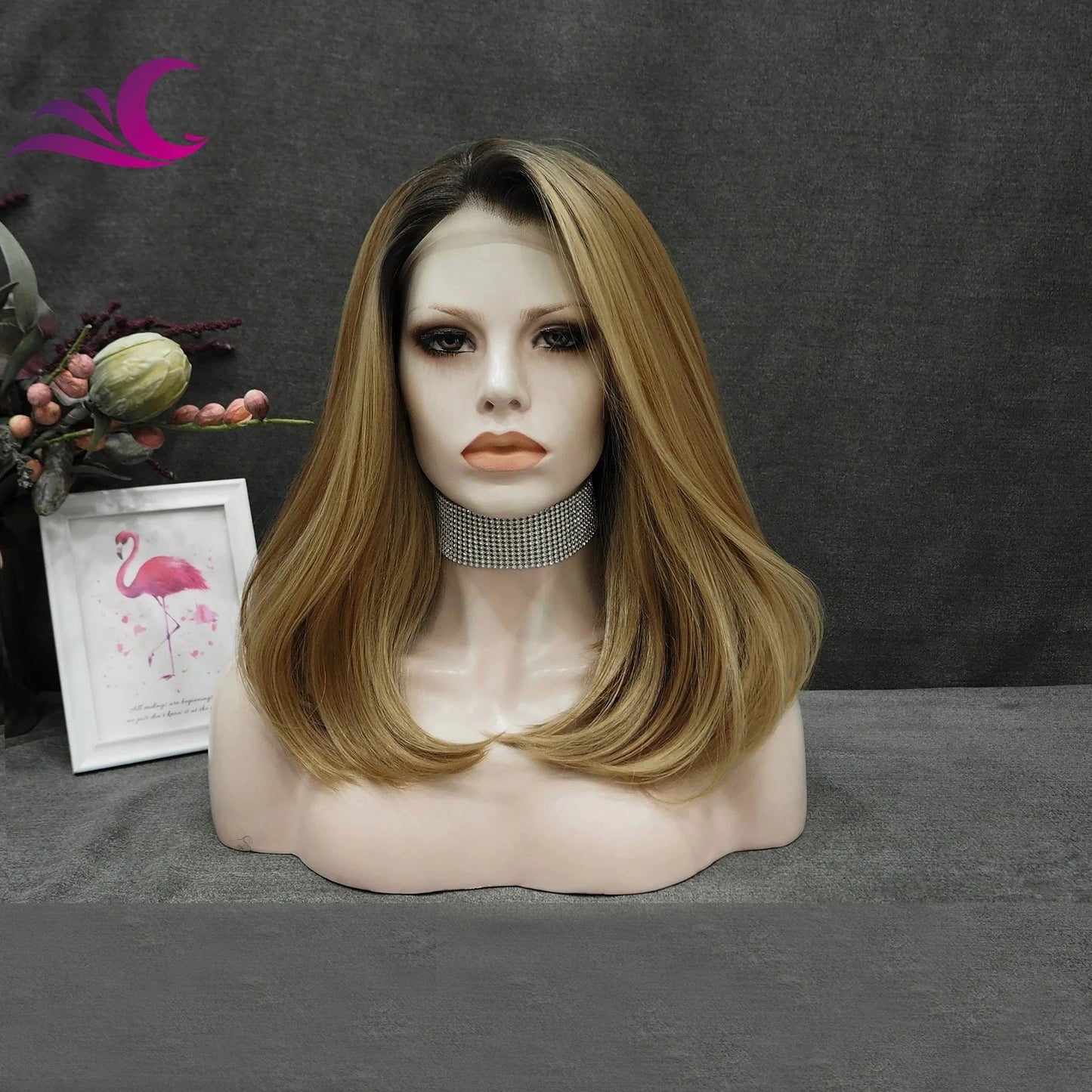 as pic / S60-2169 Celebrity highlight honey blonde ombre brown colored lace front wig premium heat resistant short bob synthetic hair wig