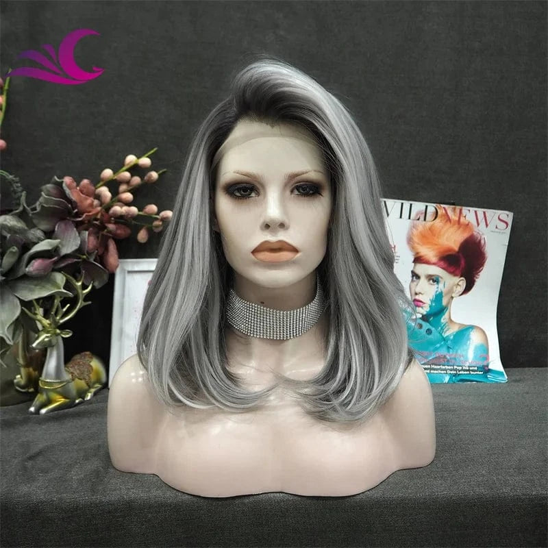 as pic / S60-2170 Celebrity highlight honey blonde ombre brown colored lace front wig premium heat resistant short bob synthetic hair wig
