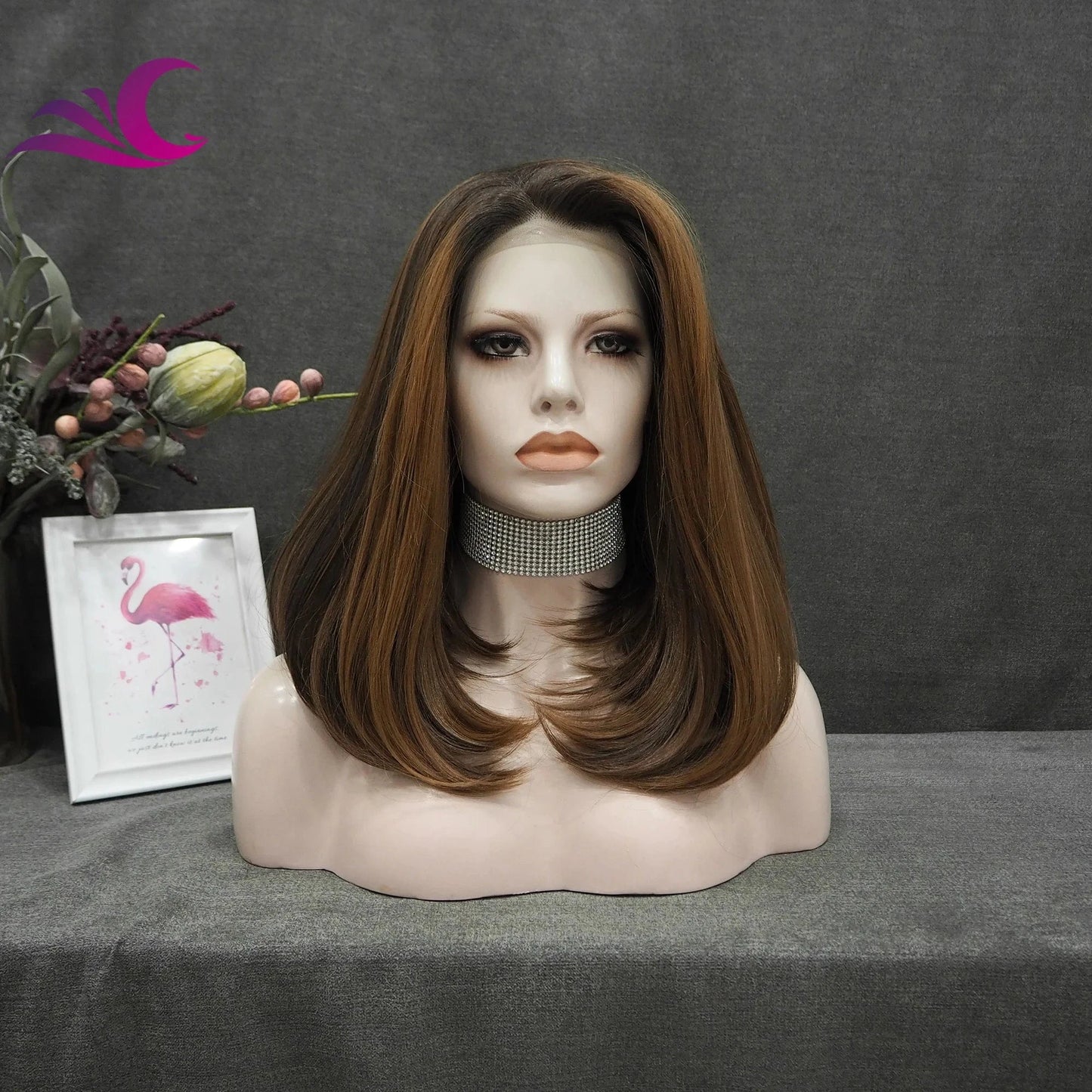 as pic / S60-2171 Celebrity highlight honey blonde ombre brown colored lace front wig premium heat resistant short bob synthetic hair wig