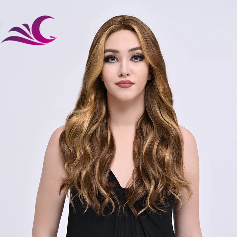 as pic / T1FH002 Ombre Brown Blonde Colored Highlight in Both Side Heat Friendly Silk Protein Synthetic Lace Front Wigs for White Women